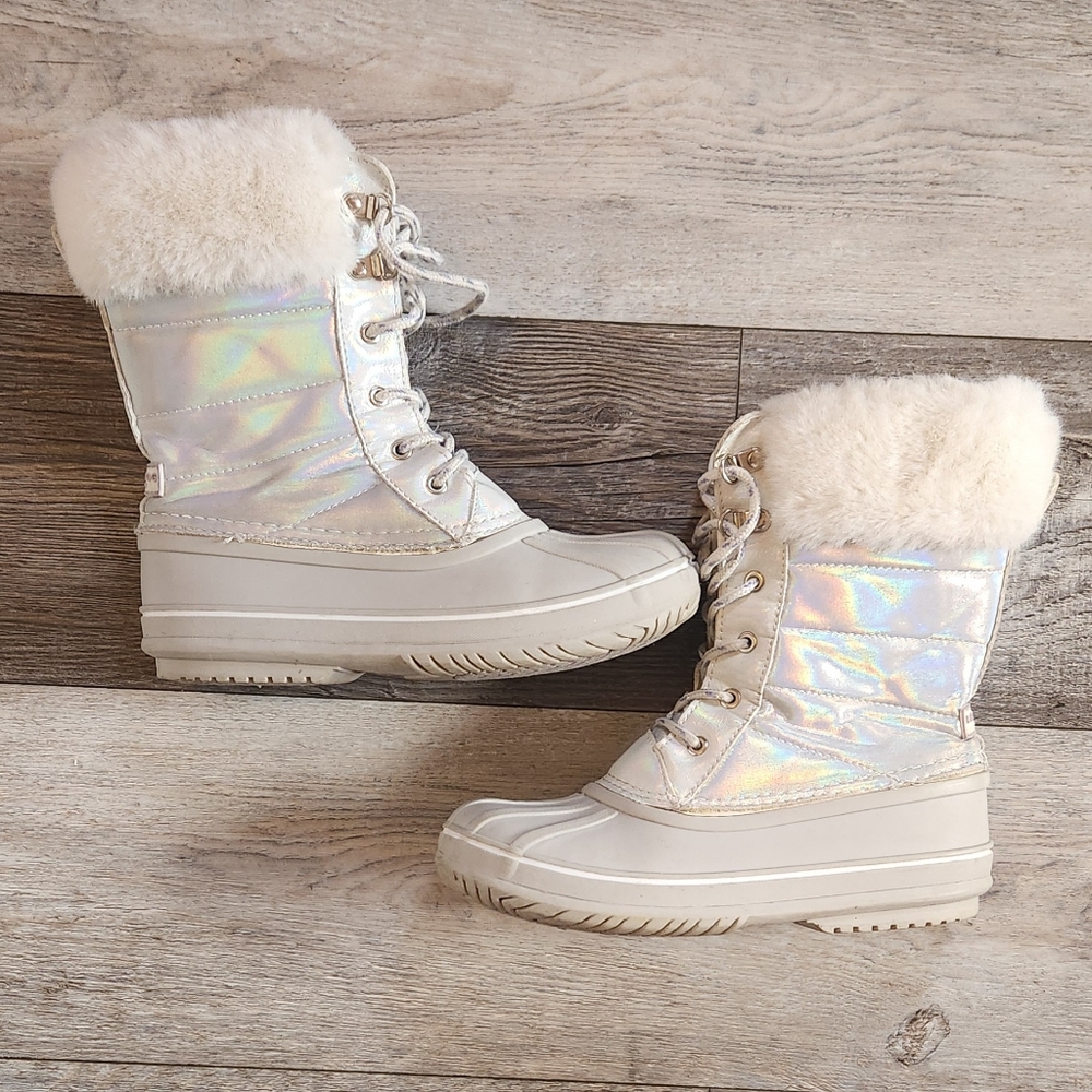 London Fog Iridescent Kids Boots with White Fur
